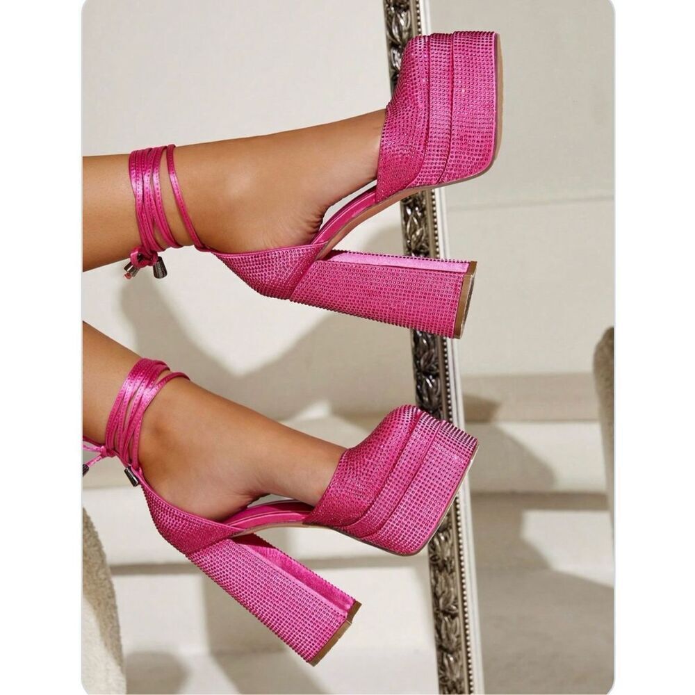 CUCCOO Baddie Barbie Pink Rhinestone Double Platform Ankle Tie Block Heel Sz 38